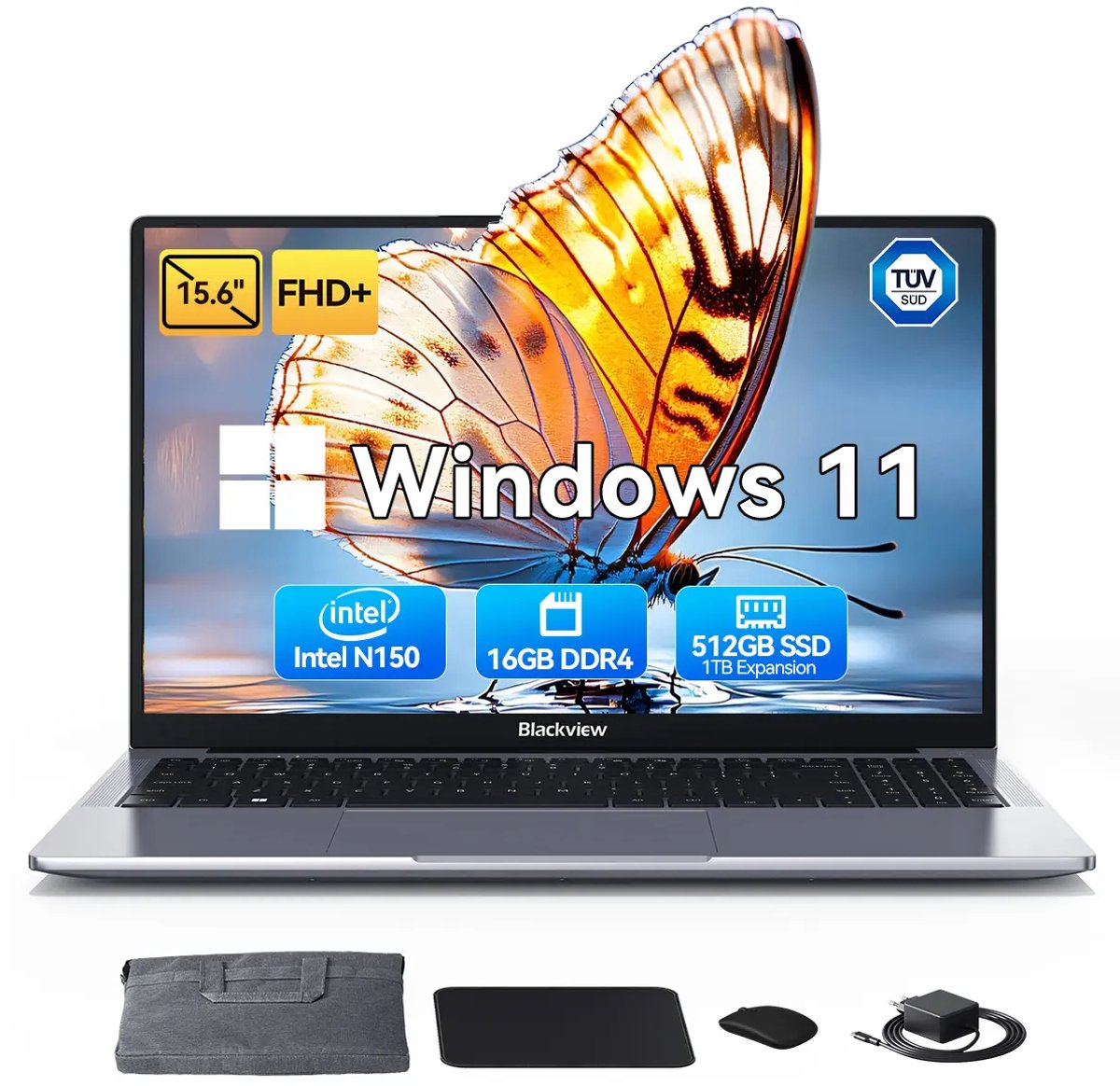Huidun HiBook 6 Laptop - 15,6 inch Full HD - 16 GB RAM - 512 GB SSD - Intel N150 - Windows 11 Notebook - UHD Graphics - 5000mAh - Grijs