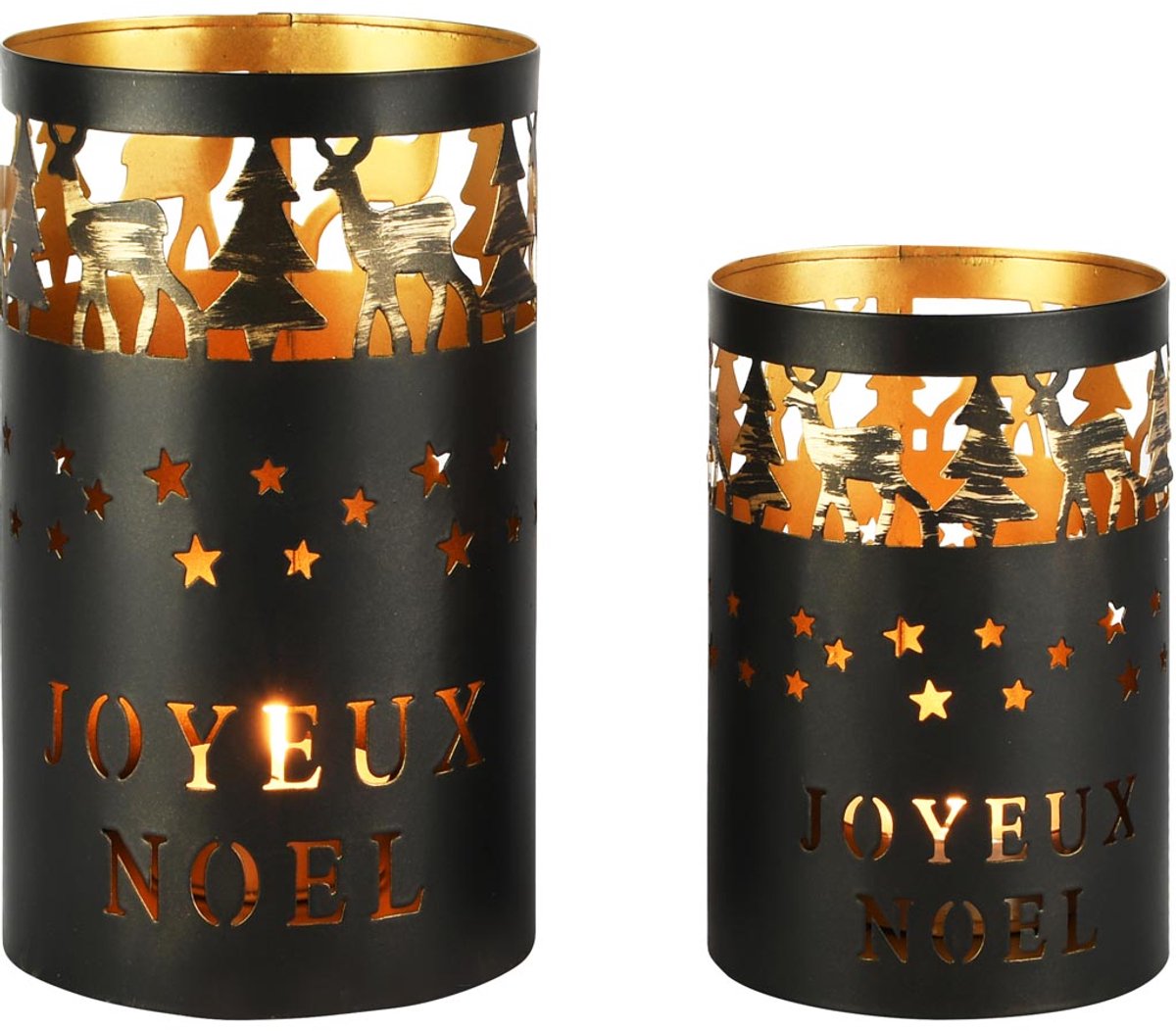 dekoratief Set 2 Waxinelichthouders 'Joyeux No?l', zwart/goud, metaal, 12x12x20cm | A258198
