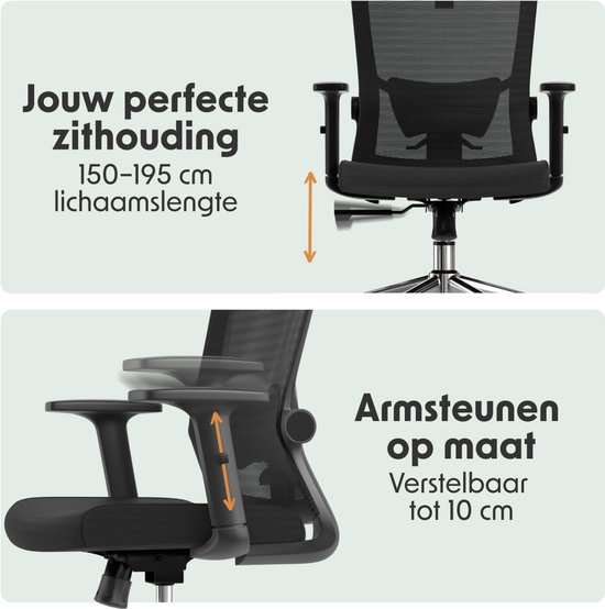 Zwarte bureaustoel met verstelbare armleuningen (tot 10 cm) en instelbare zithoogte voor lichaamslengtes van 150-195 cm.