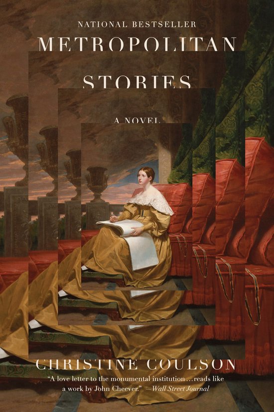 Boekcover: Metropolitan Stories door Christine Coulson, een schilderij van een vrouw in een gele jurk die zit te schrijven.
