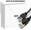 Een verpakte 10 meter Cat 8 netwerkkabel met gouden RJ45 connectoren.
