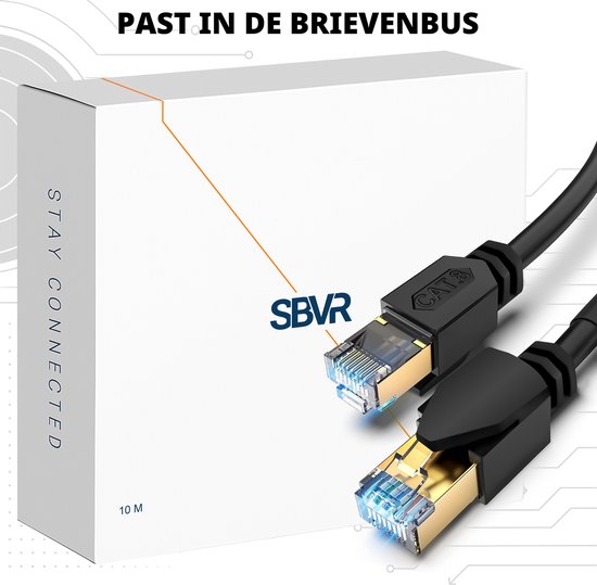Een verpakte 10 meter Cat 8 netwerkkabel met gouden RJ45 connectoren.