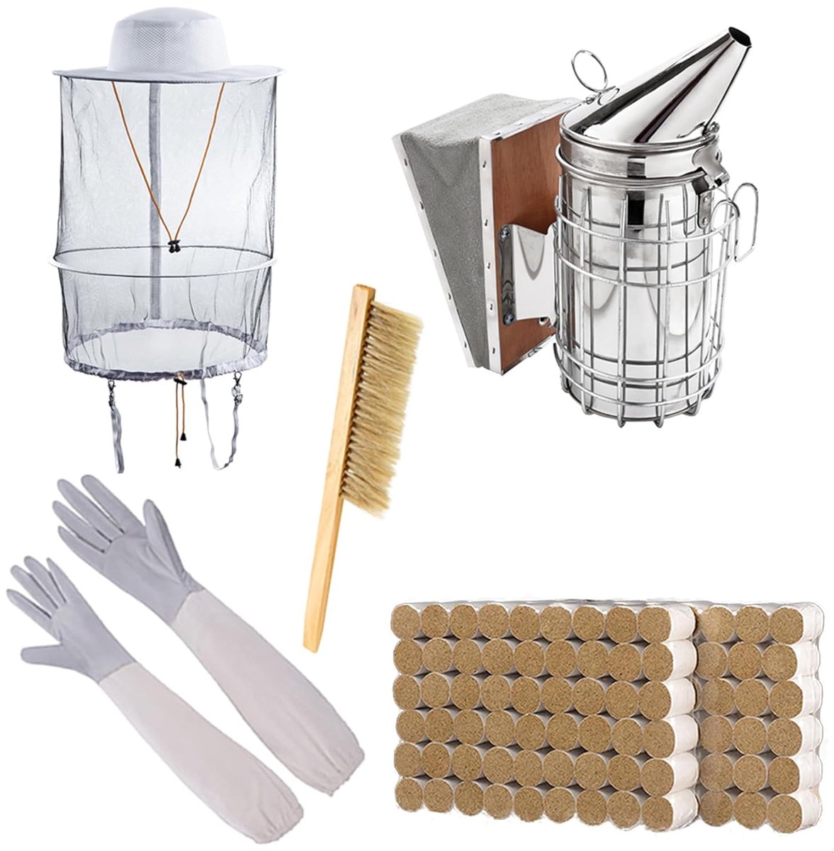 ZffXH Beekeeper Tool Set, 5 Beehive Smokers, 108 Smoking Balls, Goatskin Gloves, Size XL, Beekeeper Hat, Brush, Beekeeper Accessories for Beekeeper Supplies, Starter