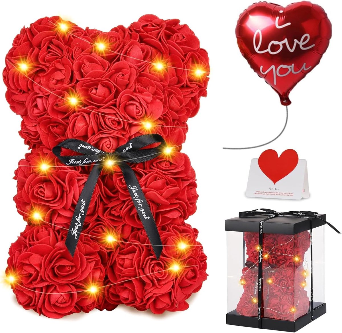 Schattige bloembeer, rozenbeer, Valentijnsdag, cadeau voor haar, schattige beer, voor meisjes, vrouw, vriendin, met 25 cm transparante geschenkdoos en kaart