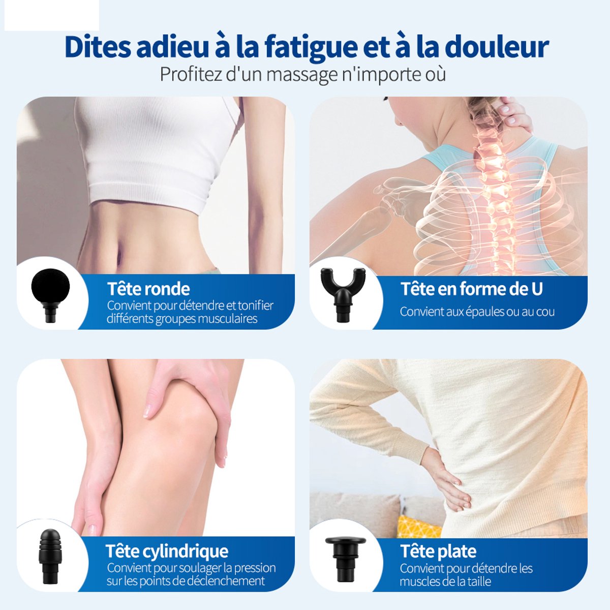 Afbeelding 3 van Massage Pistool U-vormige rugmassage voor pijnverlichting, 4 massage-opzetstukken, 6 intensiteitsniveaus, voor alle spiergroepen