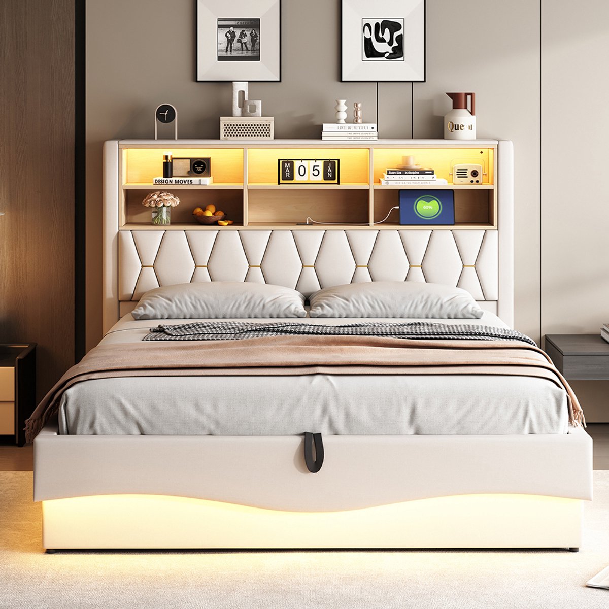 Pugsdrly Gestoffeerd bed 180×200 met hydraulische opbergruimte APP-gestuurde LED-lichtband USB-oplaadaansluiting Metalen lattenbodem Linnen bekleding Beige