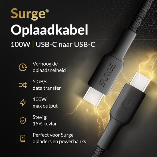 Een zwarte Surge oplaadkabel van USB-C naar USB-C, 100W, met 15% kevlar voor stevigheid en 5 GB/s dataoverdracht.