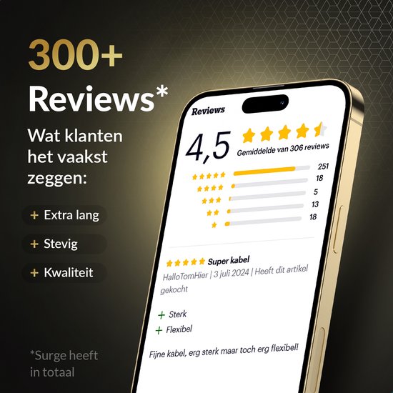 Een smartphone toont klantrecensies, met een beoordeling van 4,5 sterren en commentaar over extra lengte, stevigheid en kwaliteit.