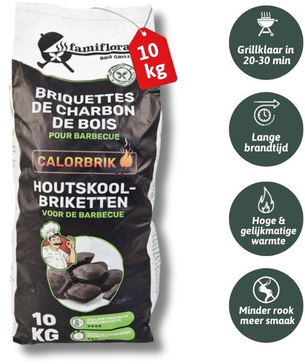 Famiflora - Famigrill houtskoolbriketten "calorbrik" 10kg - professionele kwaliteit - Hoge en constante temperatuur voor perfect gegrilde gerechten