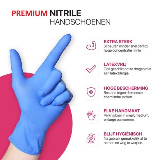 Grote blauwe nitril handschoen met icoontjes die extra sterkte, latexvrij, hoge bescherming en hygiëne aangeven.