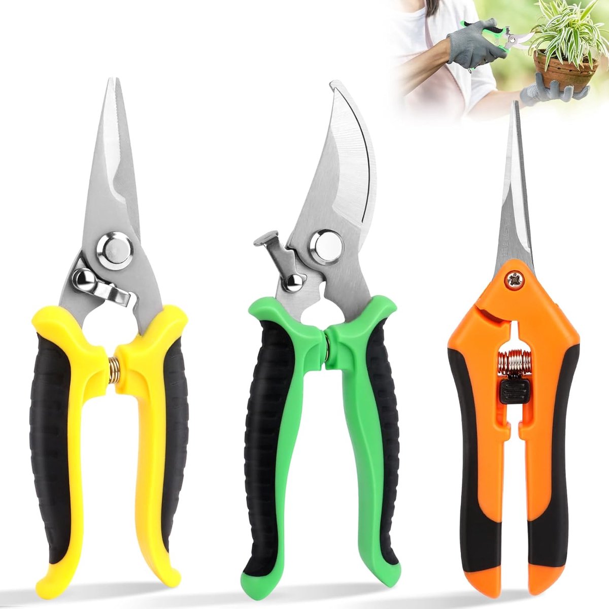 Famanu - Tuin en bloemen Snoeischaar, 3 stuks, scherpe rozenschaar van roestvrij staal, snoeischaar voor takken en takken, snoeischaar, tuinieren, handschaar, oogschaar voor takken/fruitbomen