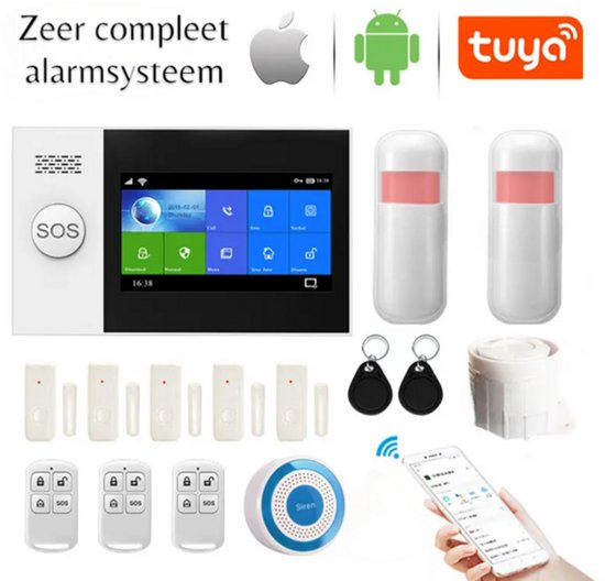 Système d'alarme | Rapports 4G | y compris affichage avec bouton SOS | 5x capteur de porte | 2x capteur PIR, | 2 x étiquette (goutte) | 3x Télécommande | 1x sirène