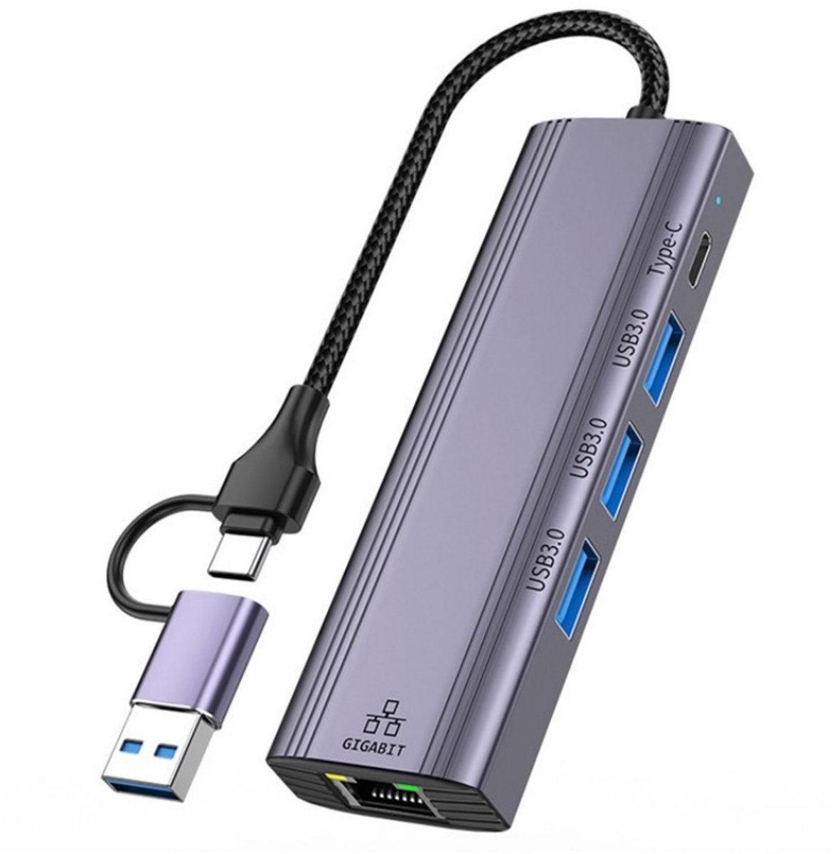 USB + USB-C naar 3X USB 3.0 + USB-C + Ethernet (RJ45) adapter kabel hub - 1000Mbps internet docking station - grijs