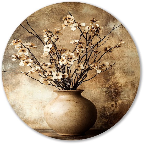 Gedroogde bloemen in vaas - Stilleven - Wandpaneel bloemen - Beige - Bruin - Wandcirkels - Woonkamer schilderij rond - Muurcirkel forex 60x60 cm