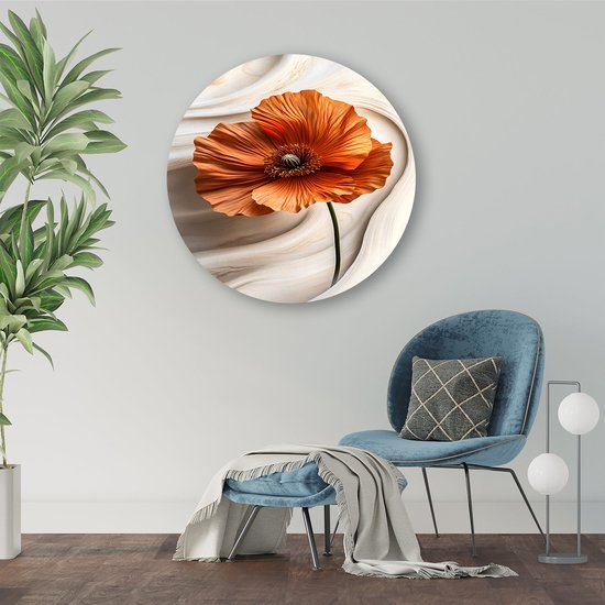 Gedetailleerde oranje papaverbloem - Bloem schilderij rond - Wandschalen papaver - Hyperrealisme - Muurcirkel Forex - Muurkunst aanbrengen - Muurcirkel forex 80x80 cm