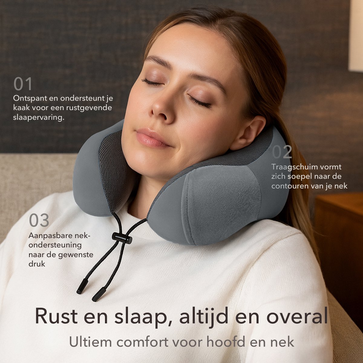 SKYCASES Travel Essentials - Nekkussen Set 3-delig - Ergonomisch Memory Foam Reiskussen met Oogmasker en Oordoppen - Ideaal voor Vliegtuig, Auto en Trein - Compact en Luxe - Apricot — afbeelding 6