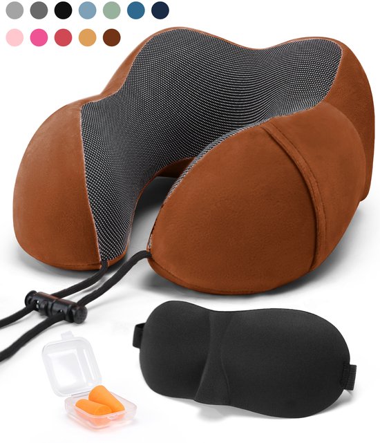 SKYCASES Travel Essentials - Nekkussen Set 3-delig - Ergonomisch Memory Foam Reiskussen met Oogmasker en Oordoppen - Ideaal voor Vliegtuig, Auto en Trein - Compact en Luxe - Bruin
