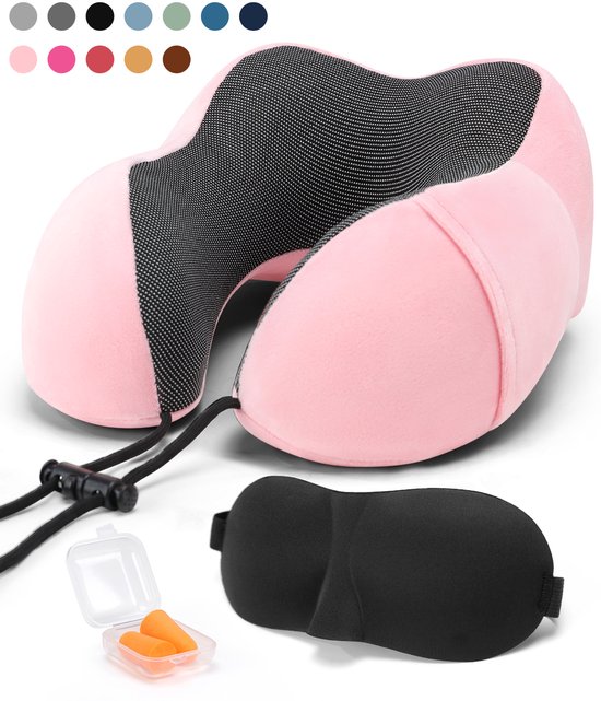 SKYCASES Travel Essentials - Nekkussen Set 3-delig - Ergonomisch Memory Foam Reiskussen met Oogmasker en Oordoppen - Ideaal voor Vliegtuig, Auto en Trein - Compact en Luxe - Rose
