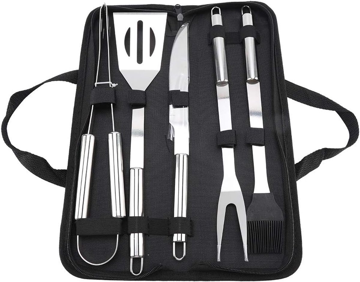 5 stuks barbecue set / Roestvrijstalen BBQ set van 5 / Inclusief handige opbergtas - RVS