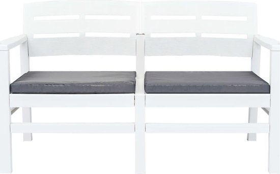 vidaXL Tuinbank tweezits met kussens 133 cm kunststof wit