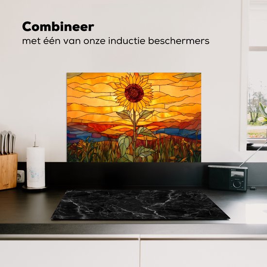 Spatscherm keuken 60x40 cm - Kookplaat achterwand Zonnebloem - Mozaïek - Zonsondergang - Geel - Muurbeschermer - Spatwand fornuis - Hoogwaardig aluminium