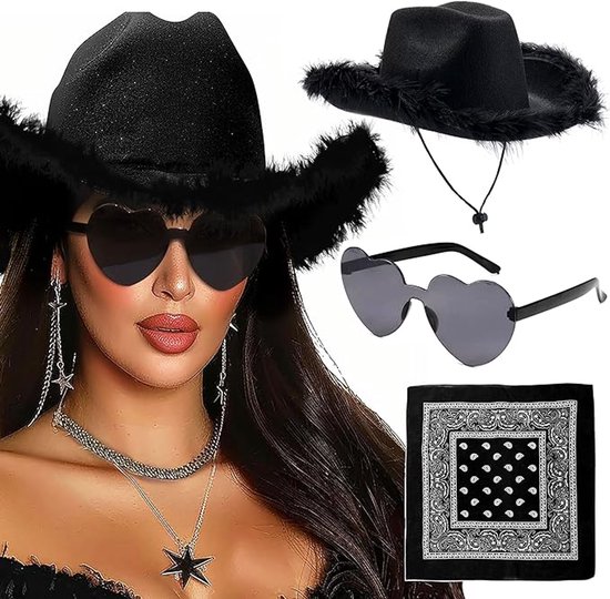 Set chapeau de cowboy - 3 pièces - Zwart - avec bord en fourrure - Homme et femme - Déguisement Western - Bandana et lunettes - Fête/Cosplay
