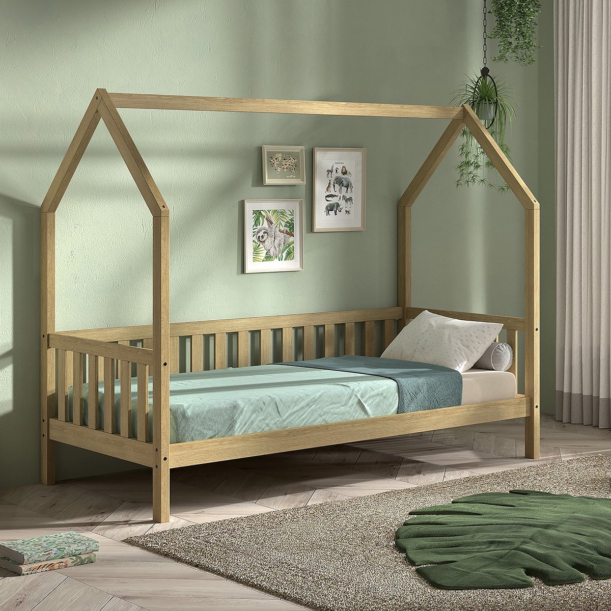 Vipack Bedhuisje Home - 90x200 Cm - Met Hekje - Massief Eikenhout - Vipack - Huisbed - Bruin - Hout Eenpersoons Normaal Bed