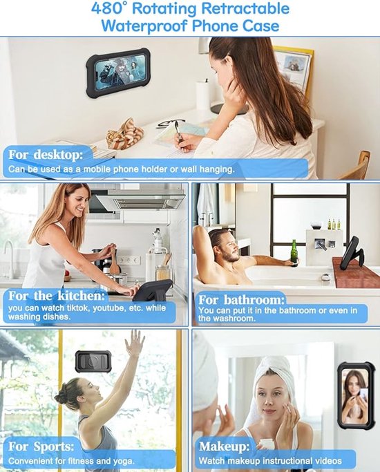 Support de téléphone pour la douche - rotatif à 480 degrés - Support de téléphone étanche pour la salle de bain - écran tactile HD étanche, support de téléphone pour salle de bain/cuisine - adapté pour smartphone sous la douche - noir