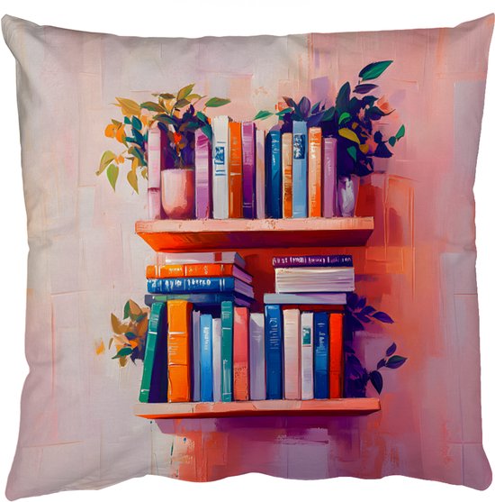 Foto: Sierkussens kussentjes woonkamer 45x45 cm planken boeken bladeren