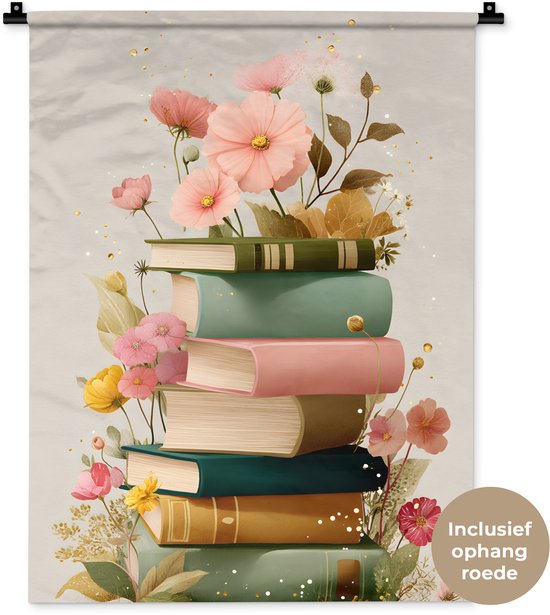 Une pile de livres avec des fleurs roses et jaunes aux couleurs douces, avec barre de suspension incluse.