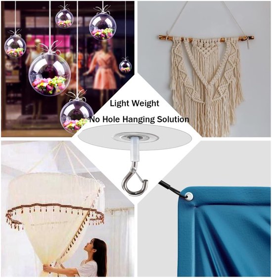 Vier afbeeldingen tonen een plakhaak die aan een plafond is bevestigd, een macramé wandkleed, een klamboe boven een bed en een detail van een blauwe tarp.
