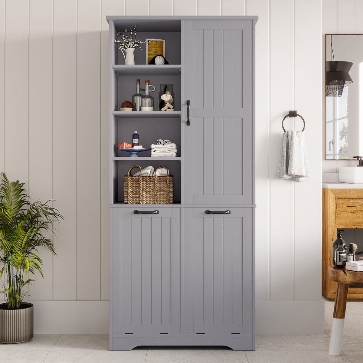 Pugsdrly 78 x 35 x 172 cm Badkamermeubel, vochtbestendige verf, dubbele wasmand, vier open vakken, een deur, drie vakken in deur, verstelbare planken, grote opbergruimte, grijs