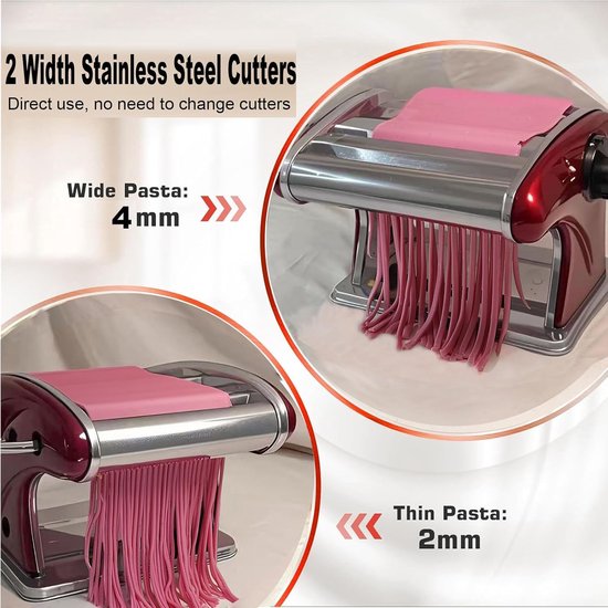 Pastamachine - Handmatig - Pasta Maker - Noedels Maker - Multifunctionele Pastamaker - Zelf Pasta Maken - met 2 messen (2mm/4mm) - Compacte Pasta Maker - Met 6 Instelbare Dikte Instellingen - Dumpling Roller - Met Extra's - RVS - rood van Merkloos — afbeelding 2