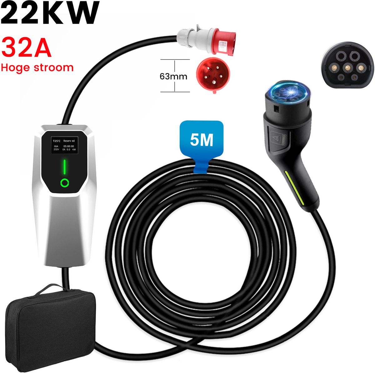 Krachtige Draagbare 3-Fase EV Laadkabel met LCD Scherm - 22kW