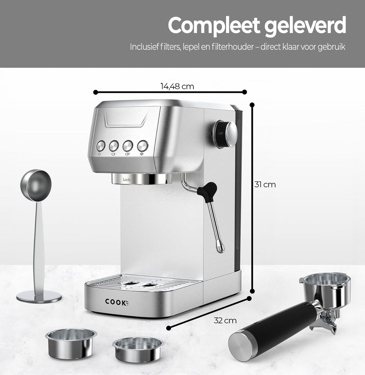 Espressomachine 20 Bar - Piston Koffiemachines RVS - Met Stoompijpje - Coffee Machine - 1,3L Waterreservoir - COOK-IT — afbeelding 4
