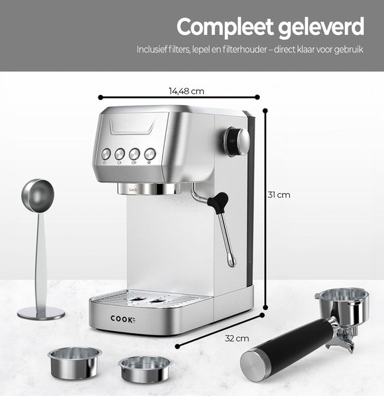 Zilverkleurige espressomachine met 'Compleet geleverd' tekst en afmetingen.