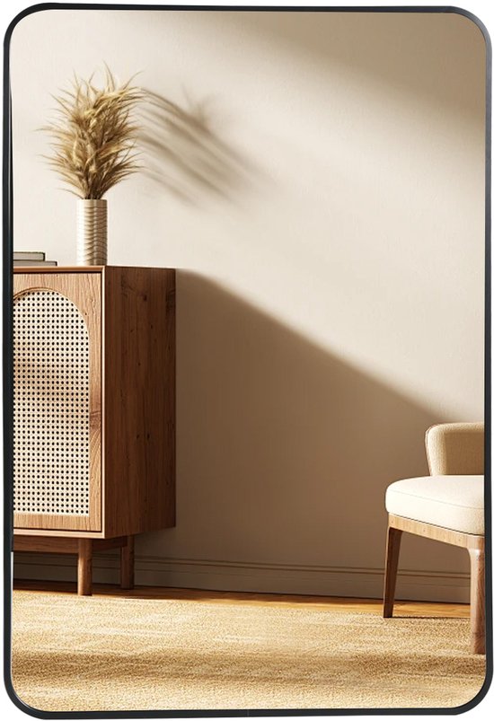 Luxaliving Wandspiegel 60x90 cm – Rechthoekige Spiegel met Zwarte Metalen Rand – Modern Design met Afgeronde Hoeken