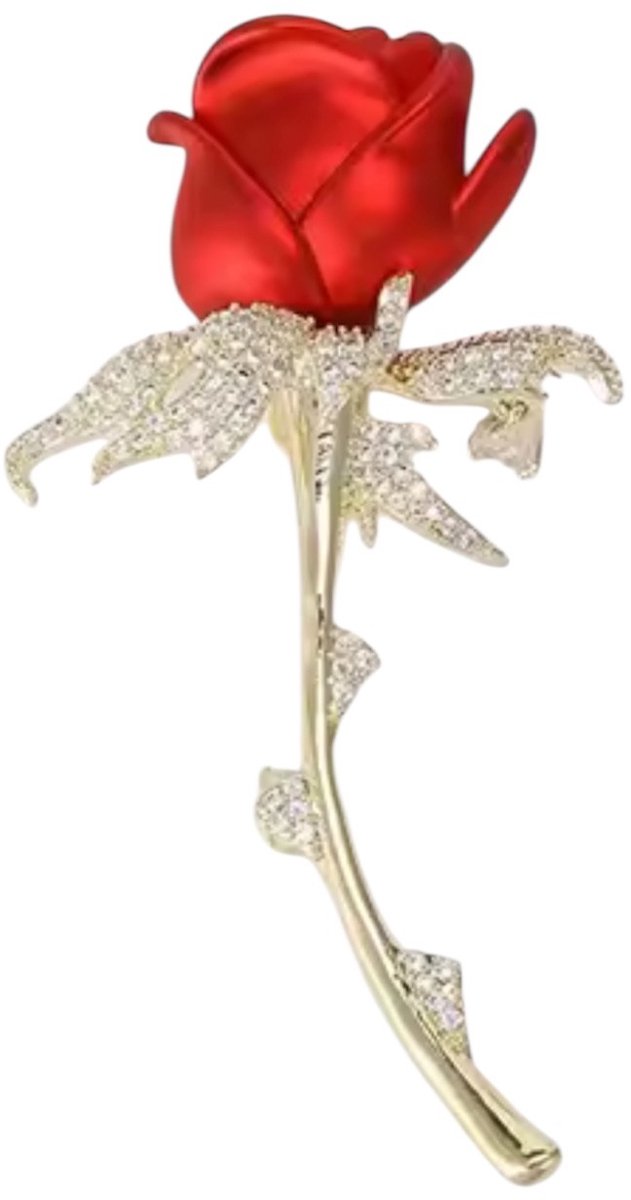 Broche Roos Strass ( Rood ) goudkleurig 6.0 x 3.0 cm