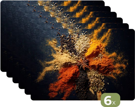 Napperons - 6 pièces - 45x30 cm - Set de table en plastique - Épices - Explosion - Oranje - Dessous de Assiettes - Décoration de table - Accessoires de décoration de table de Cuisine - Dessous de plat en Vinyl - Décoration de table