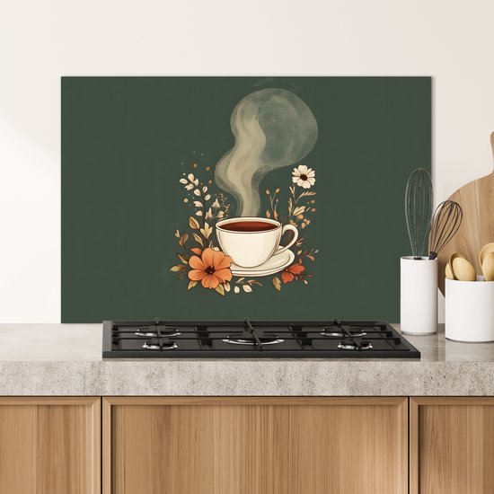 Spatscherm keuken 90x60 cm - Kookplaat achterwand Kop - Bloemen - Groen - Koffie - Muurbeschermer - Spatwand fornuis - Hoogwaardig aluminium