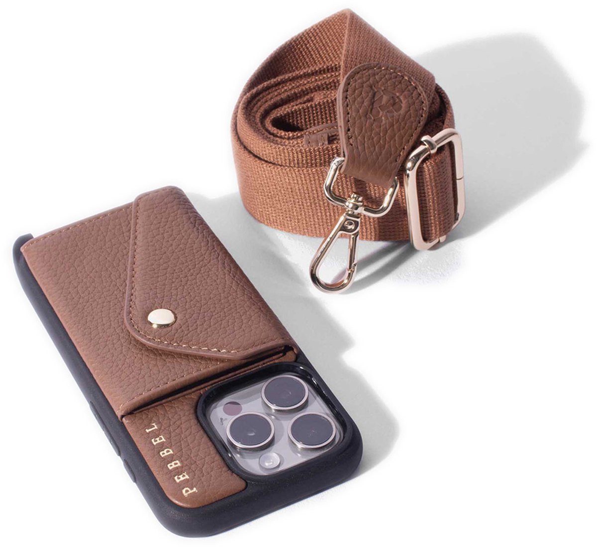 Pebbel Crossbody Hoesje Hailey Bruin - geschikt voor iPhone 16e - Luxe Hoesje met Hailey Koord - Echt Italiaans Leer - Pashouder