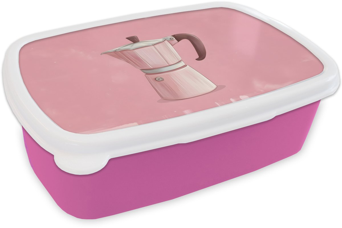 Broodtrommel Roze - Lunchbox Roze - Mokkapot - Illustratie - Koffie - Brooddoos 18x12x6 cm - Brood lunch box - Broodtrommels voor kinderen en volwassenen