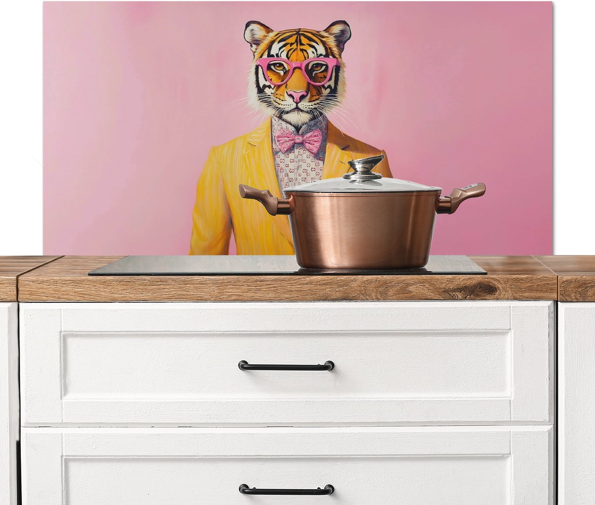 KitchenYeah Spatscherm keuken 100x50 cm Kookplaat achterwand Tijger Bril Geel Jasje Muurbeschermer Spatwand fornuis Hoogwaardig aluminium
