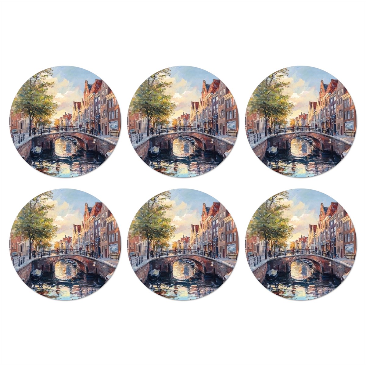 Onderzetters voor glazen - Rond - Brug - Stad - Huizen - Boot - 10x10 cm - Glasonderzetters - 6 stuks