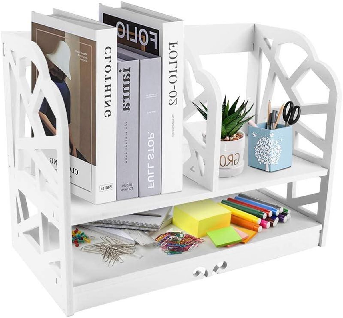 JGS Premium - Mini Bureau Boekenplank met 2 lagen in Witte matte afwerking voor Woonkamer en Kantoor - Desktop Boekenplank DIY Houten Display Boekenkast - Studeerkamer Slaapkamer - Afmetingen 30 * 21 * 40cm Any