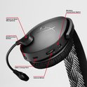 Detail van de zwarte headset met labels voor de draaischakelaar, multifunctionele knop, USB-C poort en volumewiel.