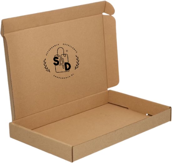 Open bruine kartonnen verpakking met het S4D® logo.