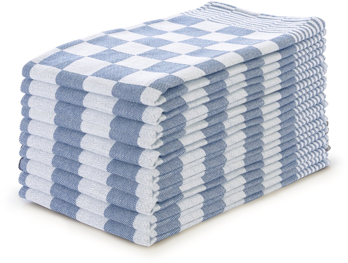 LINNICK Theedoeken set Blok Blauw - 65x65 - Set van 10 - Geblokt - Blokdoeken - 100% katoen - Horeca Theedoeken