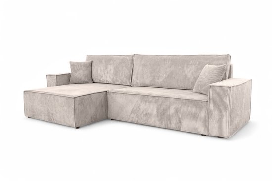 Meuba Home® - Hoekbank Elisa - L-Bank met bedfunctie en opbergruimte - Beige - Ribstof Velvet - Zetel -Slaapbank