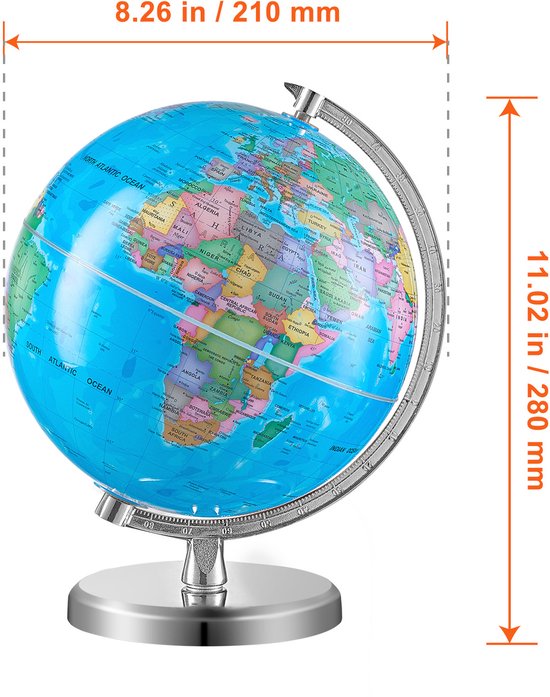 Roterende Globe met Standaard van , 8 Inch/203,2 mm, 360° Leren Globe, ABS Materiaal, Nauwkeurige Tijdzone voor Kinderen Leren, Aardrijkskunde Decor voor Klaslokaal en Huis